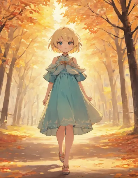 Cute girl with light blue short hair, beautiful dress, in the park, autumn