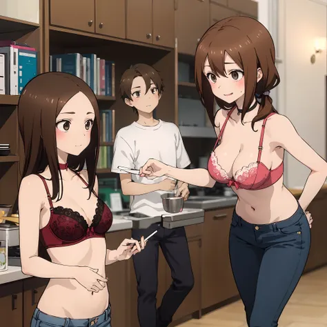 anime,adult version,blushing,glowing skin,bra,tight jeans,seductive,chocker,