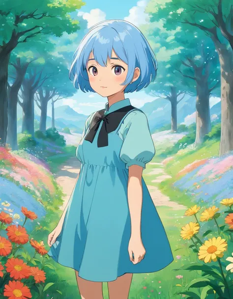 Cute girl with light blue short hair and black eyes, wearing a dress, spring landscape, flowers and trees