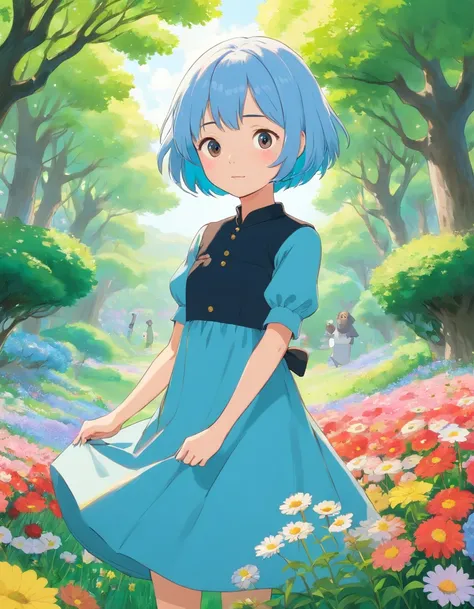 Cute girl with light blue short hair and black eyes, wearing a dress, spring landscape, flowers and trees