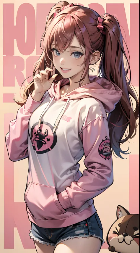 (Best Quality,4K,High resolution), girl with, Pink mesh hair on brown hair, Hair has long twin tails, Innocence，Smile cheerfully， Hooded pink and red decorative hoodie，Denim shorts，Comical appearance，noisy，comic strip，animesque，Comical illustration，stroll，...