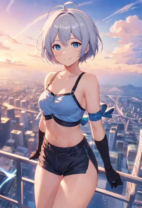 yanhe, vsinger, 1girl, black gloves, black shorts, black thighhighs, blue sky, breasts, breasts apart, cable, cloud, cloudy sky, crop top, crop top overhang, day, elbow gloves, from below, gloves, blue eyes, hair between eyes, hand on headphones, headphone...