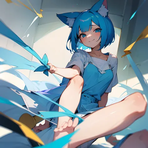 girl with,a short bob,lightblue hair,Nekomimi,nudde,opening legs,a smile