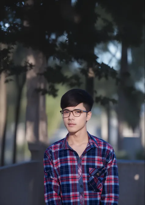 A handsome guy, a cute beauty with glasses ，Stand together in front of the stone wall, 8k selfie photograph, vacation photo, park in background, taken with sony alpha 9, standing in a botanical garden, long distance photo,