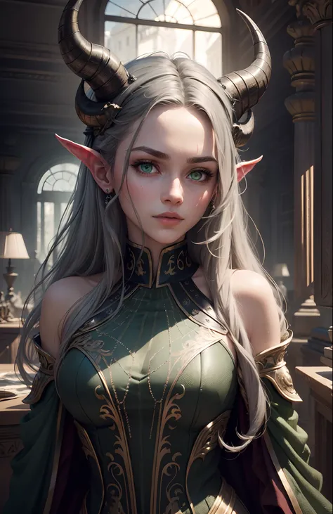 masterpiece, (photorealistic: 1.4), best quality, green eyes, grey background, horns, long hair,, science fiction, ((masterpiece)) intricate details, natural light, daemon