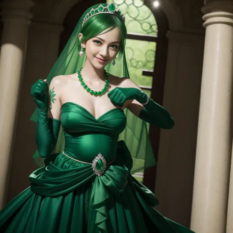 emerald tiara, Green Pearl Necklace, Boyish very short green hair, lipsticks, Japan woman smiling, very short short hair, fist, big breasts beautiful, Green eyes, Long green gloves made of satin material, Green eyes, Emerald Earrings, Pregnancy, Pregnant W...