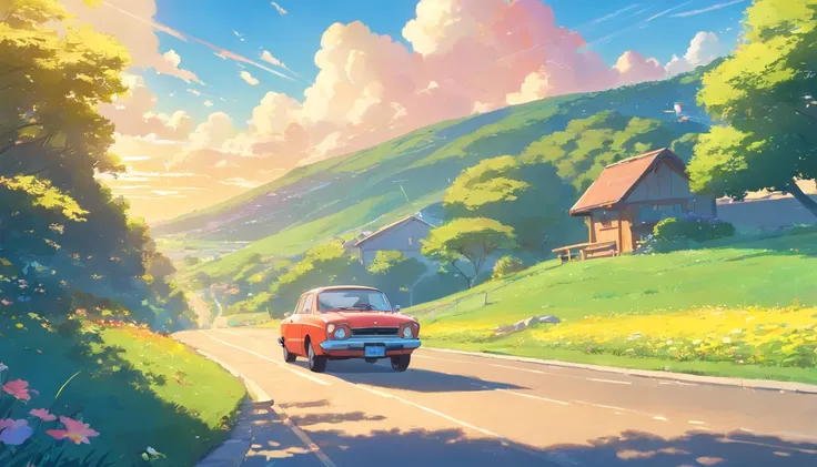 Imagine a captivating illustration for a childrens book featuring a talking car. The car is depicted with expressive eyes, a friendly smile, and a sleek, shiny exterior. It interacts with a group of cheerful animal characters, such as a bunny, squirrel, an...