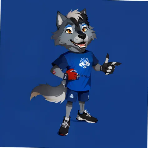 desenho animado de Um lobo com uma camisa azul e sapatos pretos, mascote da equipe esportiva, mascote esportivo, mascote de corpo inteiro, an anthropomorphic wolf, Illustration of the mascot of the sarandiense, anthropomorphic wolf, Wolf ODonnell, Lobo Fur...