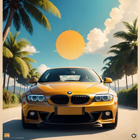 Travel poster,vector, minimal, huge sun at the back ground, modern BMW,tropical environment.