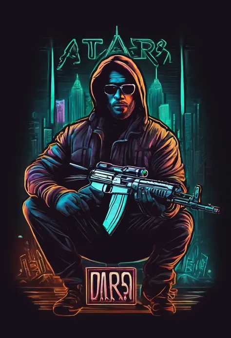 Trapper artist logo where the image is and a neon light with name Jiraya Thug in the shape of an ak 47 rifle with one with neon city around.