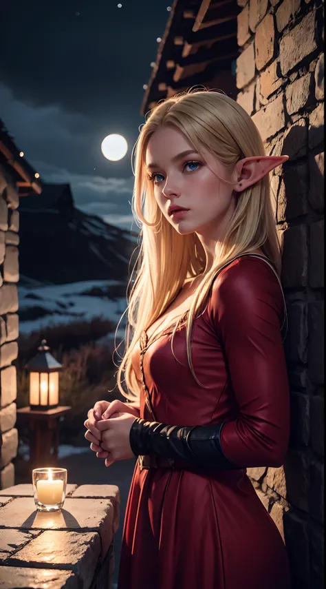 RAW, professional photograph, movie photograph, medium shot, Female elf, icelandic elf,  twenty years old, night, dark castle, icelandic medieval dress, red dress, athletic body, soft facial features, long hair, straight hair, blonde hair, blue eyes, Reali...