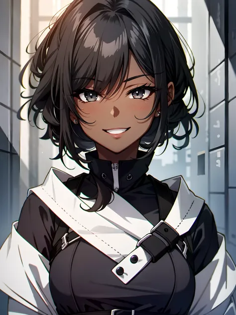 Masterpiece, best quality, high-res, extremely detailed, 1 girl, (dark skin:1.2), black eyes, smiling