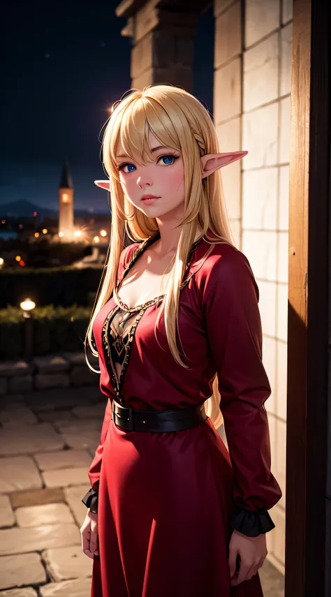 RAW, professional photograph, movie photograph, medium shot, Female elf, icelandic elf,  twenty years old, night, dark castle, icelandic medieval dress, red dress, athletic body, soft facial features, long hair, straight hair, blonde hair, blue eyes, Reali...