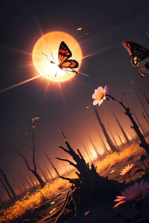 an image of a burned forest, in the middle of the ashes, a flower, and on this flower, a butterfly takes flight towards the sun.