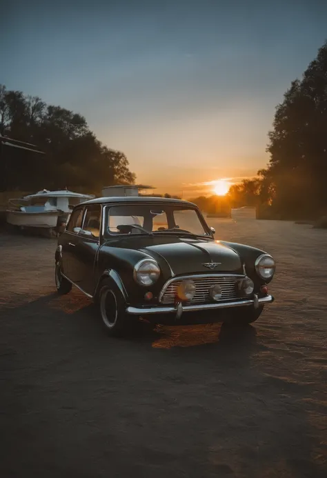 a mini Cooper identical to the real one in front of the sunset, "Cars" from Pixar, car with facial expressions, carro sorrindo, linhas suaves, black and white strokes, estilo Pixar, 8k