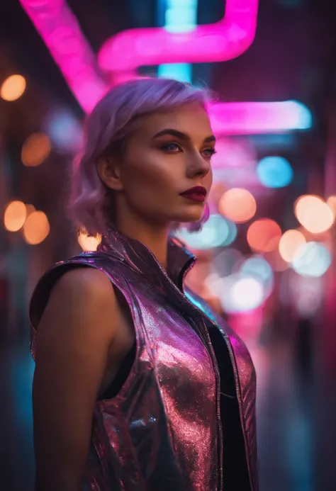 a girl in futuristic clothing posing under neon lights, in the style of photorealistic details, light silver and light magenta, dmitry kustanovich, street pop, , rtx on, selective focus --ar 3:4