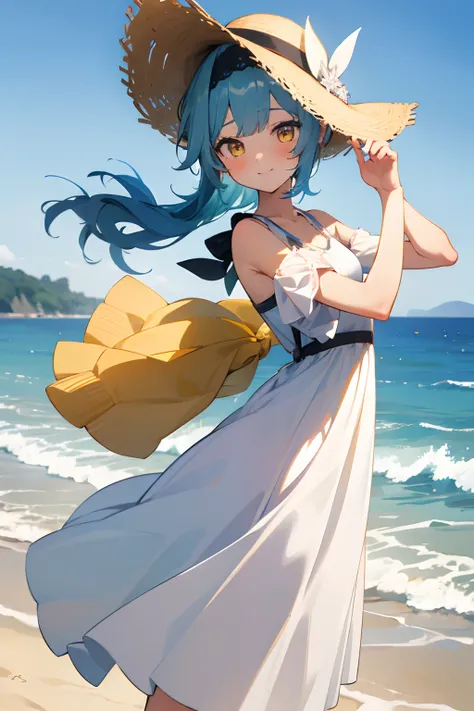 SFW, masterpiece, standing (woman 1), (((cute pose)), (white long dress), yellow eyes,  pouder blue hair, cute smile, (beach), wind, blush, hay hat