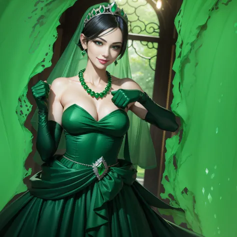 emerald tiara, Green Pearl Necklace, Boyish very short black hair, lipsticks, Japan woman smiling, very short short hair, fist, big breasts beautiful, Green eyes, Long green gloves made of satin material, Green eyes, Emerald Earrings