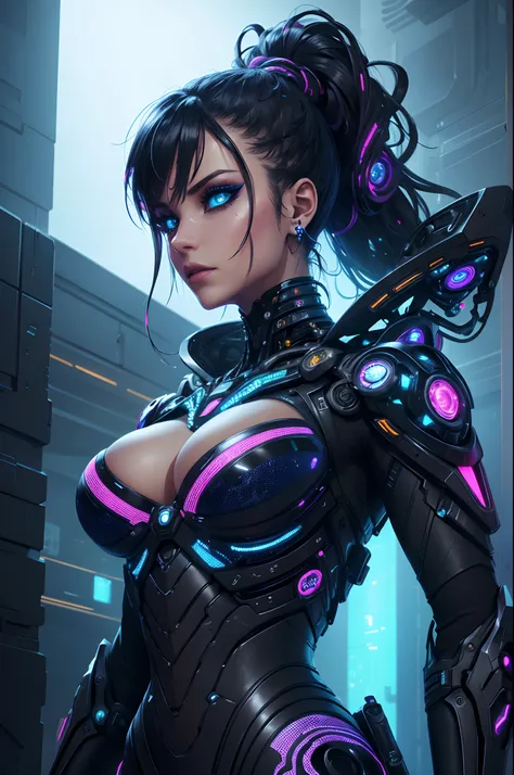 (best quality, highres:1.2), ultra-detailed, realistic, concept artist, portrait, vivid colors, studio lighting, laser lights, technology, futuristic, 3D rendering, electric glow, biomechanical, extravagant makeup, cyberpunk aesthetic, sparkling jewels, gl...