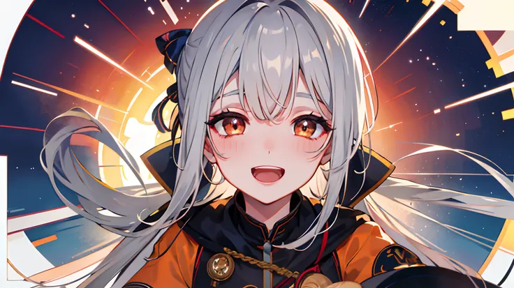 masterpiece, top quality, 1boy, sunset sky, fantastic, gray hair, ponytail, golden eyes, center of the screen, facing here, smiling with open mouth