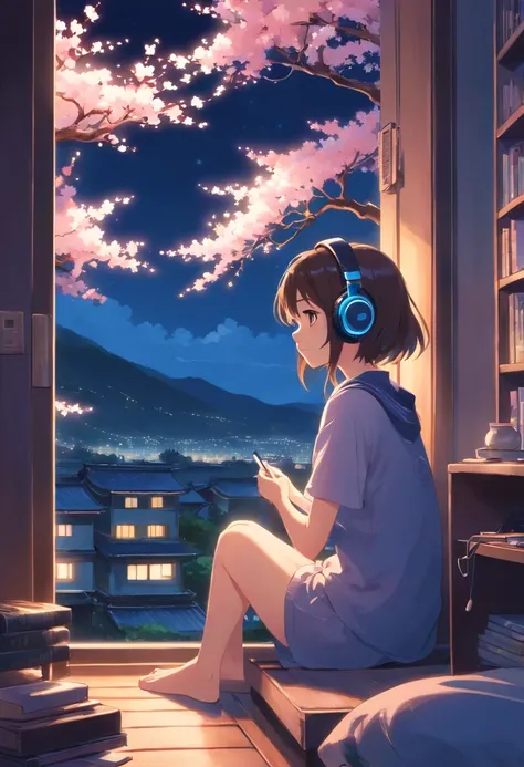 a young girl in her room sitting next to the window listening to music on her headphones, outside the window are cherry blossom trees under a starry night sky. Capture the beauty and serenity of this scene, with the blossoms softly lit by moonlight. japan