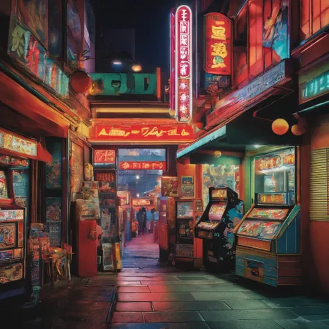 Posters inspired by the aesthetics of the 90s, including anime, arcade, Nostalgic and colorful colors,Kabukicho