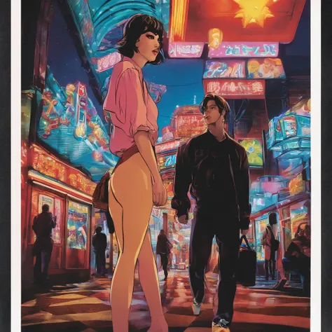 Posters inspired by the aesthetics of the 90s, including anime, arcade, Nostalgic and colorful colors,Kabukicho