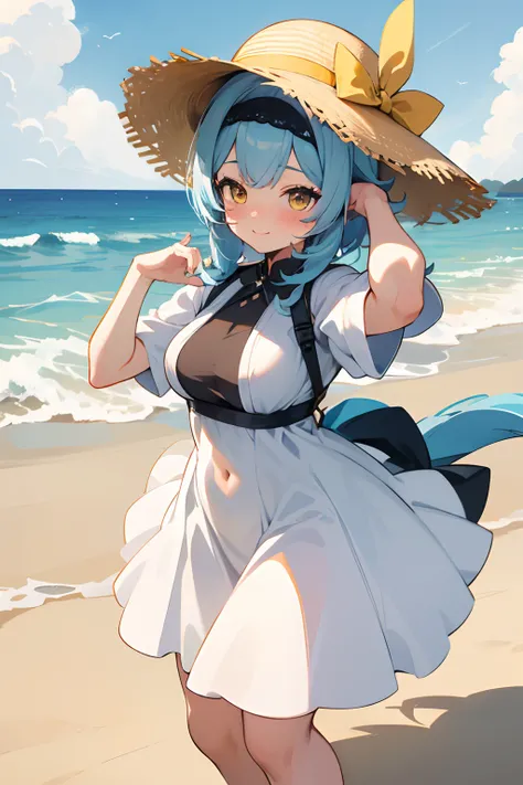 SFW, masterpiece, standing (woman 1), (((cute pose)), (white long dress), yellow eyes,  pouder blue hair, cute smile, (beach), wind, blush, hay hat, thicc