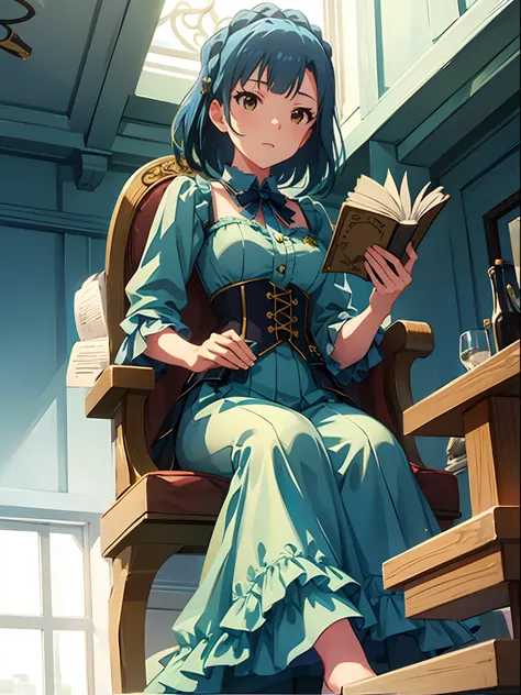 yuriko nanao (million live), 1 girl, solo, 25 years old, best quality, high resolution, 8k, wallpaper, ultra-detailed, {{full body, from below}}, from below, corset dress, maxi dress, collared dress, green dress,sitting on the chair, reading a book,