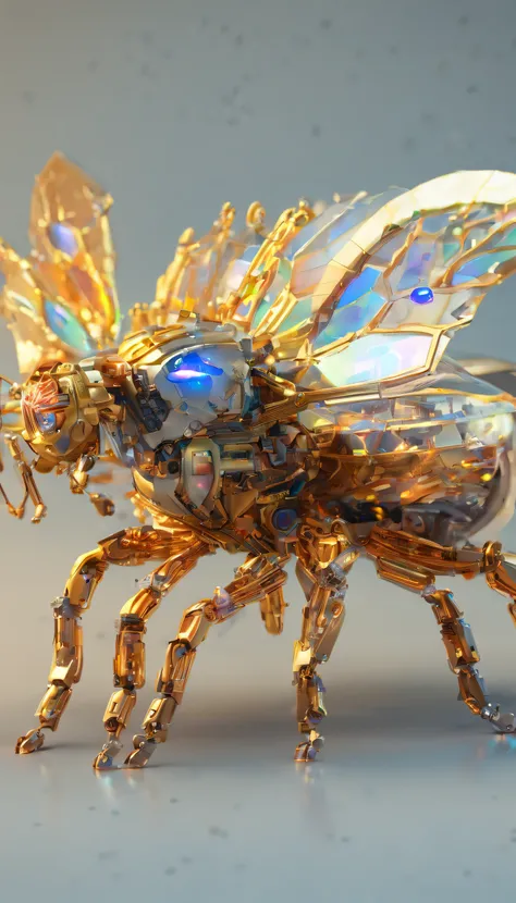 Masterpiece, High definition, High detail, Masterpiece, Best quality, Highest quality, Ultra detailed, High resolution, Ultra highly detailed, robotic, futuristic, honey bee, six legs, electronic, robotic futuristic, side view, in flight, view from side, a...