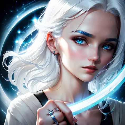 Movie poster, woman holding a shiny ring, white hair, with shadow and light contrasts enhanced to enhance the delicate beauty of the image, in a dynamic and mysterious angle, in blue tones