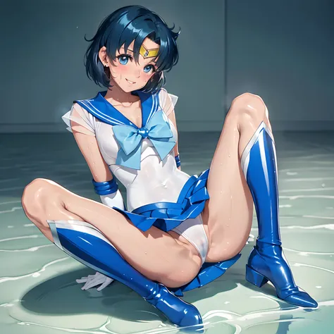 ​masterpiece, top-quality, hight resolution, Hi-Res, ultra-detailliert, Full limbs, complete fingers, Sailor Mercury　Transformation heroine of justice　Enameled White Leotard　Enamel Blue Boots　Wrinkled boots　Enamel White Gloves　Enamel Blue Mini Skirt　Neat a...