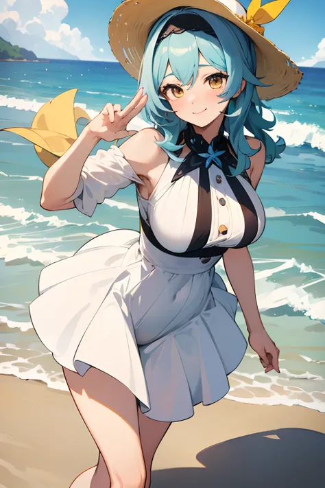 SFW, masterpiece, standing (woman 1), (((cute pose)), (white long dress), yellow eyes,  pouder blue hair, cute smile, (beach), wind, blush, hay hat, thicc, ((milf))