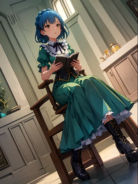 yuriko nanao (million live), 1 girl, solo, best quality, high resolution, 8k, wallpaper, ultra-detailed, full body, from below, corset dress, maxi dress, collared dress, green dress,sitting on the chair, reading a book, laced up boots, blown boots,