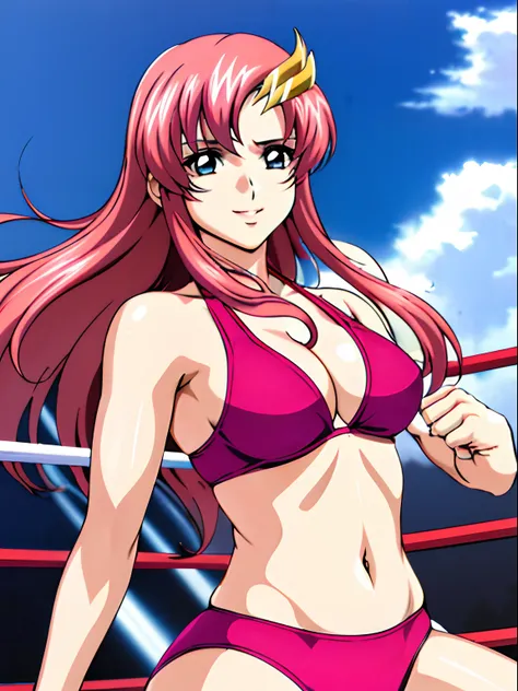 (masterpiece, upper body view, 4K, Best Quality, Anime style: 1.9,, Adult Woman, ultra detailed face, (cloud background, wrestling), Drawing lines, high resolution, Anime, lacus4), 1girl, Solo, curvy figure, Long hair, 鎖骨, scapular, (Detailed wide hair ban...