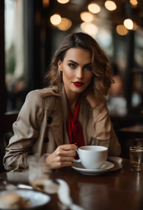 Fashion of the 2010s, Primer plano medio, Canon EF 85mm f/1.2L II USM, A woman sitting in a restaurant drinking coffee, con una chaqueta negra y labios rojos, Enfatizar las expresiones faciales, Moda callejera.