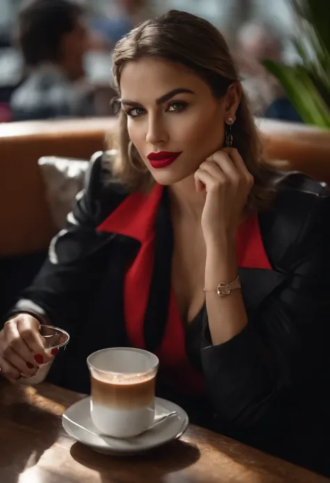 Fashion of the 2010s, Primer plano medio, Canon EF 85mm f/1.2L II USM, A woman sitting in a restaurant drinking coffee, con una chaqueta negra y labios rojos, Enfatizar las expresiones faciales, Moda callejera.