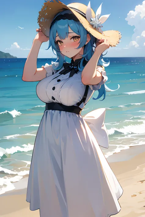 SFW, masterpiece, standing (woman 1), (((cute pose)), ((white long dress))), yellow eyes,  pouder blue hair, cute blush, (beach), wind, blush, hay hat, ((milf))