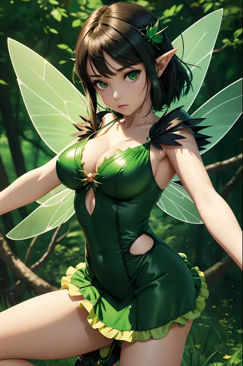 Anime girl in green and black costume on wings and green background, big breasts, slim body, revealing dress,super minidress, pixie character, fairy, forest fairy, insect trainer girl, brunette elf with fairy wings, pixie, cute 3d anime girl rendering, Apr...