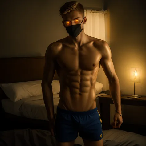 Teen male posing, (((skinny body))), (((16yo))), porn, atmospheric, cute masculine square face, golden hair, dead inside, bokeh, background blur, bottomless, chainlet, chromatic aberration, wet, veined body, full body view, lying in bed, mask, (((teen stub...