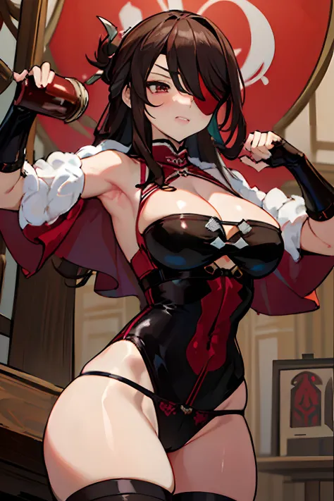 NSFW, masterpiece, standing insanely hot (woman 1) using sexy, (((cute pose)), (thick thigths), (fear expression), blushed face, red eyes,  brown hair, very big boobs, from below, eye patch, medival tavern, beer, panties