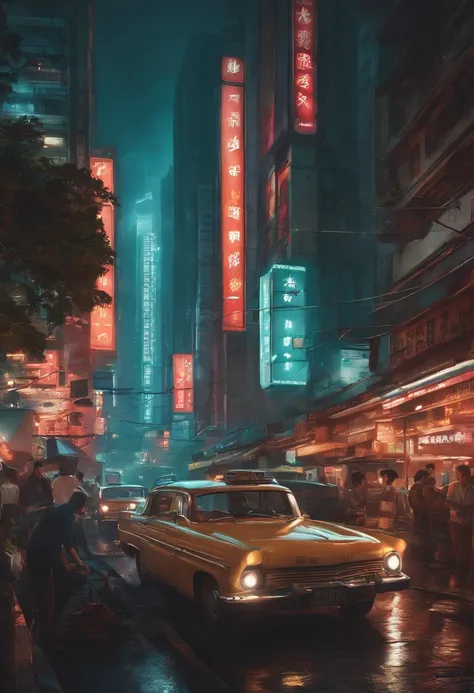 Illustration of a busy city street with people and cars, uma pintura digital inspirada em Liam Wong, trending in behance, arte conceitual, Arte de uma rua de Hong Kong, cartaz impresso de rua, detailed cyberpunk illustration, Estilo da cidade murada de Kow...