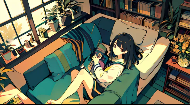 One girl, from above, plant, black hair, cat, lying down, indoors, holding, long sleeve, long hair, stuffed animal, potted plant, book, food, window, telephone, loaded interior, television, short hair, on the back, plush toy, bangs, slippers, barefoot, sit...