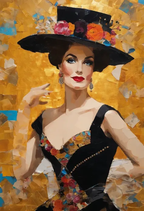 Recycled Paper art 2/3 portrait of an extravagantly elegant matchmaker in the style of "HelloDolly" by "Derek_Gores" in the style of "Full Volume Klimt