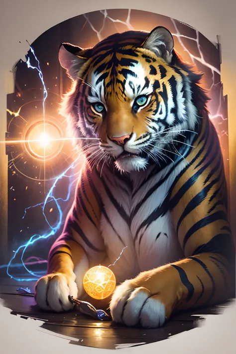 "uma pintura de um tigre colorido em um fundo preto, breathtaking rendering, inside a radiant connection, inspirada em Kinuko Y. Craft,, Magical Elements, uau, its beautiful, casting a colorful multi spell, bright flash, glare"