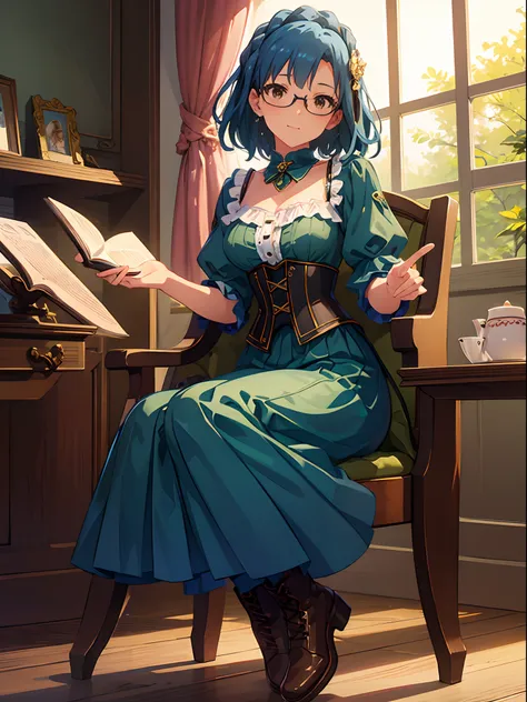 yuriko nanao (million live), 1 girl, Solo, Best Quality, High resolution, 8K, Wallpaper, Ultra-detailed, Full body, light smile, wearing Glasses, Corset Dresses, Maxi dress, Collared dress, Green dress,sitting in the chair, Reading a book, laced boots, bro...