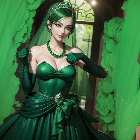 emerald tiara, Green Pearl Necklace, Boyish very short green hair, lipsticks, Japan woman smiling, very short short hair, big breasts beautiful, Green eyes, Long green gloves made of satin material, Green eyes, Emerald Earrings, Green dress