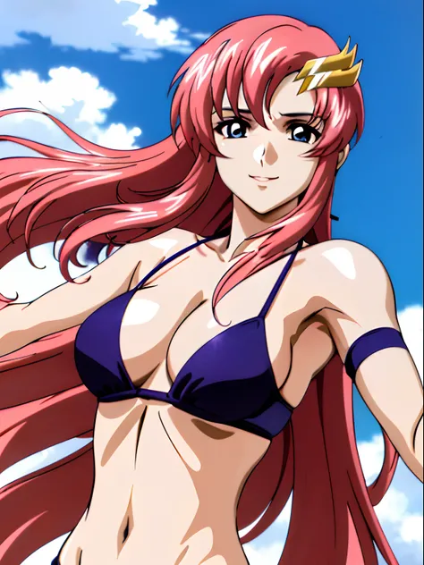 (masterpiece, upper body view, 4K, Best Quality, Anime style: 1.9,, Adult Woman, ultra detailed face, (cloud background, wrestling), Drawing lines, high resolution, Anime, lacus4), 1girl, Solo, curvy figure, Long hair, 鎖骨, scapular, (Detailed wide hair ban...