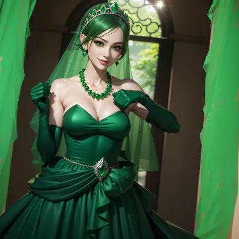 emerald tiara, Green Pearl Necklace, Boyish very short green hair, lipsticks, Japan woman smiling, very short short hair, big breasts beautiful, Green eyes, Long green gloves made of satin material, Green eyes, Emerald Earrings, Green dress