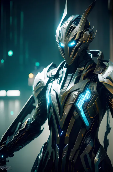 arafed robot with glowing eyes and a glowing arm, cyber suit, movie still of a cool cyborg, Unreal Engine 4K wallpapers, detailed warframe, 4K HD wallpapers very detailed, 4 k render, 4k rendering, intricate glowing mecha armor, warframe armor, high detail...